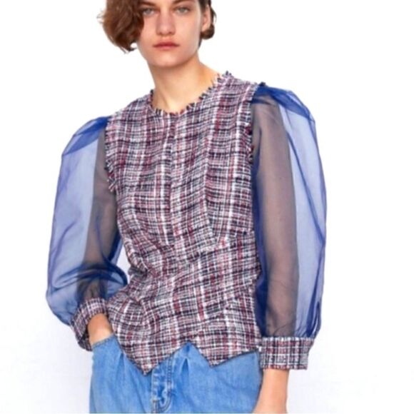 Zara organza tweed sheer puff sleeve raw hem bloggers favorite blouse - Picture 1 of 4